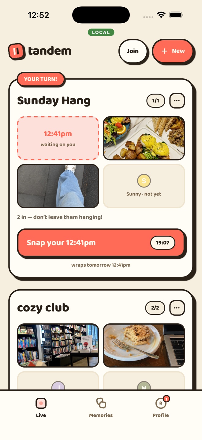 The tandem Live board: a vlog called Sunday Hang mid-day, with a clip window waiting on you