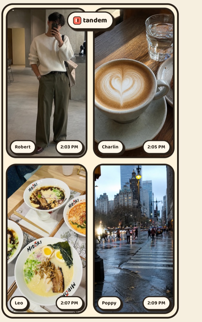 The same tandem memory in the Pop style: chunky ink-bordered tiles with cream caption pills