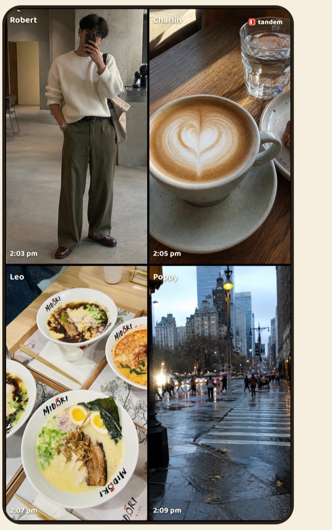 The same tandem memory in the Quiet style: borderless tiles with small, quiet captions